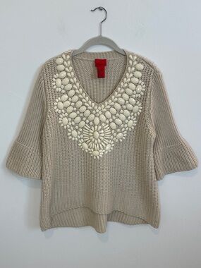 V Cristina Cream V-Neck Knit Sweater with Beaded Accent, Hi/Low hem, Size Small